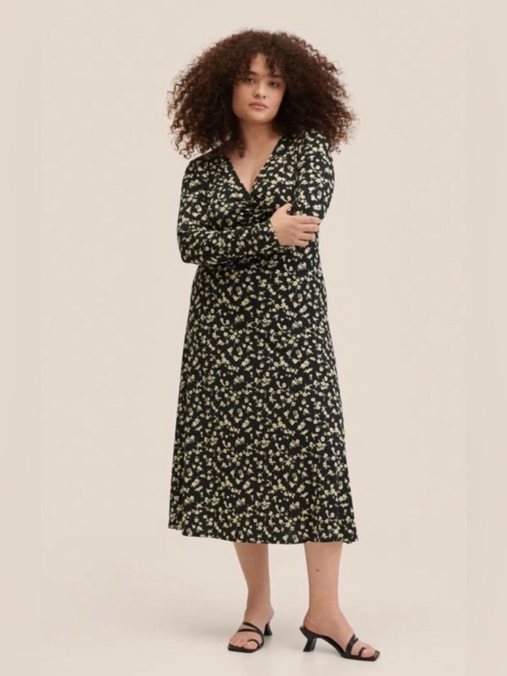 MANGO Floral Print Ruched Midi Dress